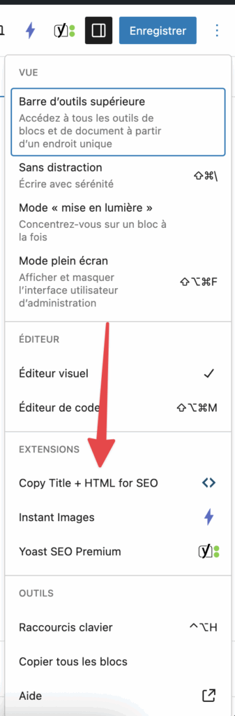 bouton Copy Post HTML fonctionnel dans panneau outils éditeur Gutenberg