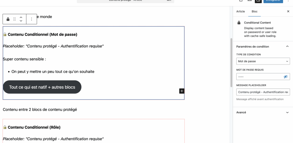 Résultat du block WordPress affichage conditionnel avec IA complet : admin