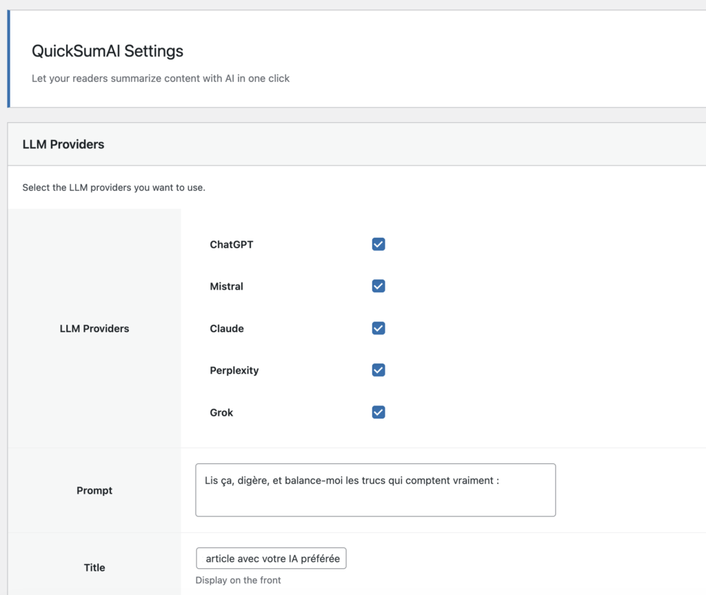 Configuration plugin WordPress QuickSumAI dans le tableau de bord
